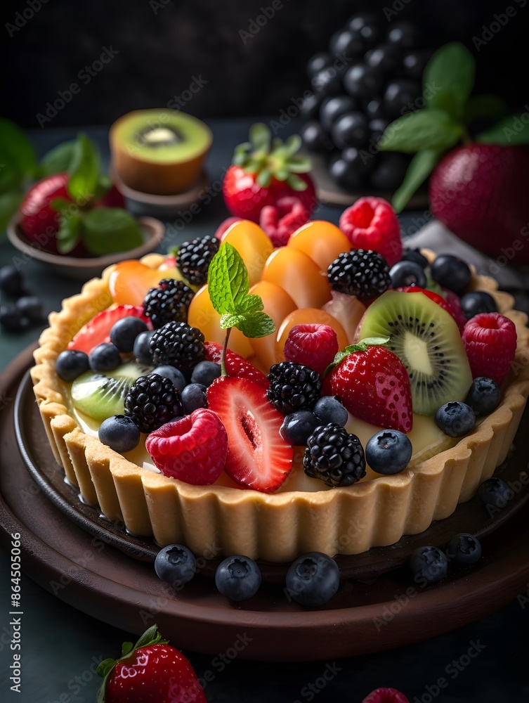 Vibrant Mixed Fruit Tart with Kiwi, Berries, and Peach Glaze. Vibrant Mixed Fruit Tart with Kiwi, Berries, and Peach Glaze.