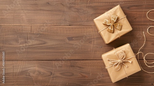 Two gifts wrapped in brown paper with twine and a bow on a wooden surface © lililia
