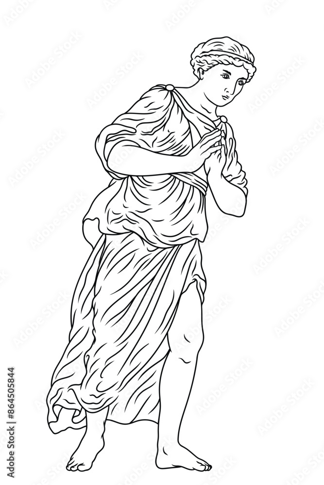 An ancient Greek woman in a tunic stands with her hands clasped together. Full length portrait isolated on white background. An ancient Greek woman in a tunic stands with her hands clasped together. Full length portrait isolated on white background.