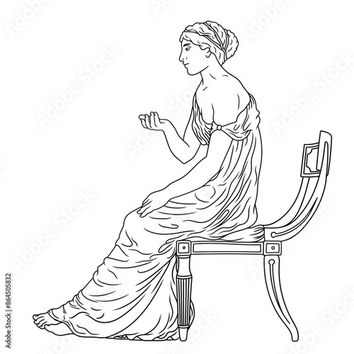 An ancient Greek young woman in a tunic sits on a chair talking to her interlocutor and gesticulating. Figure isolated on white background