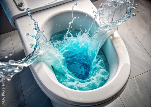 Sparkling water swirls down a modern toilet bowl, flushing away remnants of last use, with a hint of blue toilet paper remaining in the clear water. photo