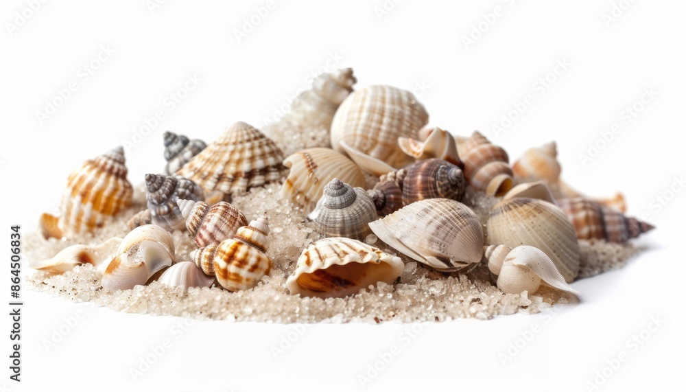 Assortment of Seashells on White Sand Background Assortment of Seashells on White Sand Background