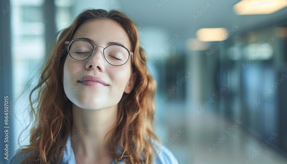 Woman With Glasses Smiling in a Modern Office Setting Woman With Glasses Smiling in a Modern Office Setting