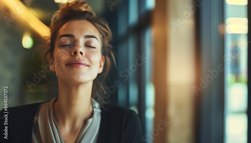 Woman With Eyes Closed Taking a Deep Breath in a Modern Office Setting Free Download Woman With Eyes Closed Taking a Deep Breath in a Modern Office Setting - GFXLoad