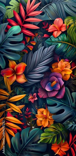 Abstract shapes and patterns featuring vibrant tropical leaves and flowers in a bold, colorful design © Fat Bee