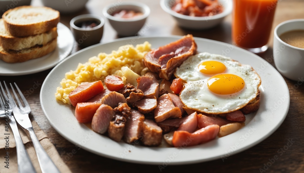 A gourmet breakfast plate with fried eggs, crispy bacon, and sweet potato slices A gourmet breakfast plate with fried eggs, crispy bacon, and sweet potato slices