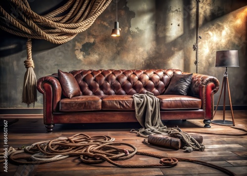 Sensual atmosphere in modern living room with leather couch, scattered ropes, and torn fabric, hinting at a mysterious and provocative scene. photo