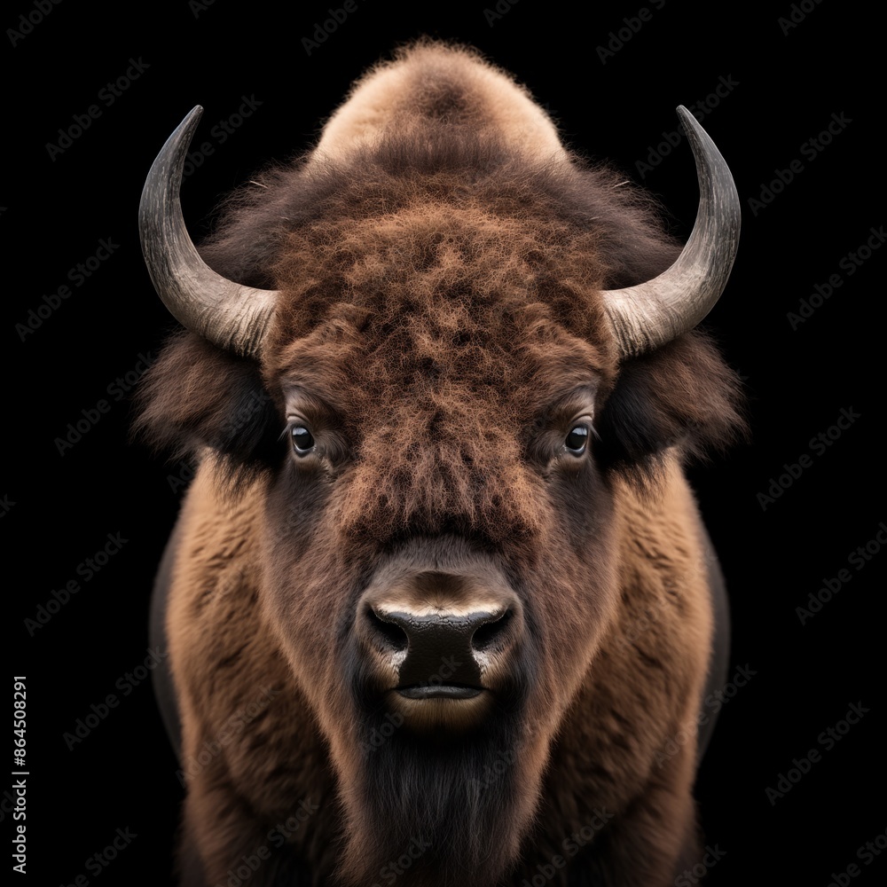 Close-up frontal portrait of a majestic Bison with a powerful gaze and impressive horns on a black background. Close-up frontal portrait of a majestic Bison with a powerful gaze and impressive horns on a black background.