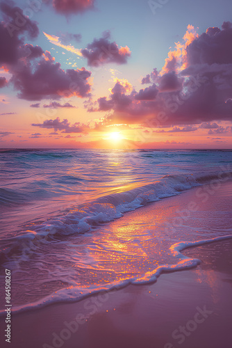 Fototapeta Naklejka Na Ścianę i Meble -  Peaceful closeup sea sand sky beach. Beautiful tranquil nature landscape. Inspire calm tropical beach seascape wave horizon. Colorful panoramic sunset relaxing summer pattern. Vacation travel tourism