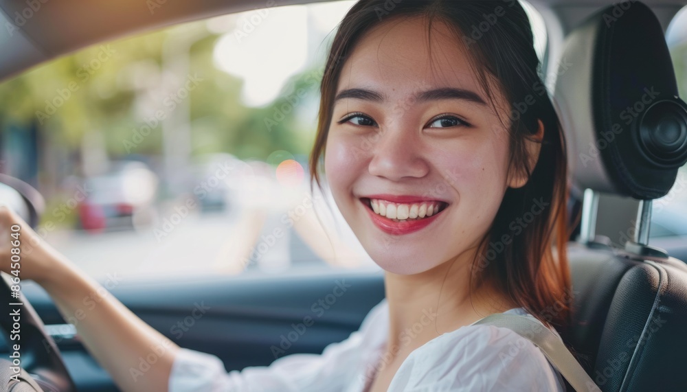 Young Woman Smiling While Driving a Car in the City Young Woman Smiling While Driving a Car in the City