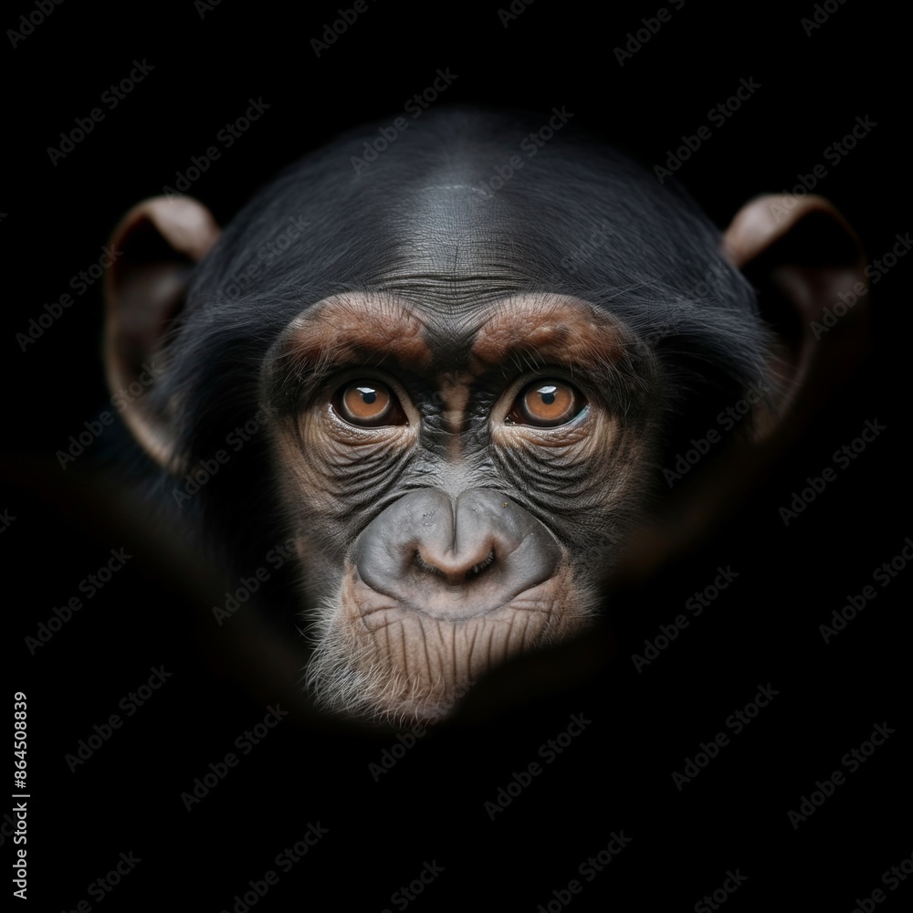 Frontal face portrait of an elegant chimpanzee staring directly at the camera. Frontal face portrait of an elegant chimpanzee staring directly at the camera.