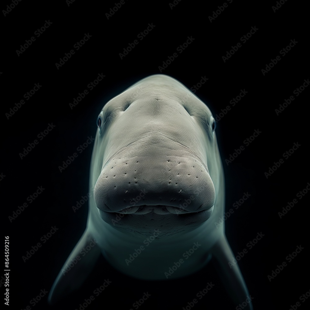 Fototapeta premium Frontal face portrait of an elegant dugong staring directly at the camera.