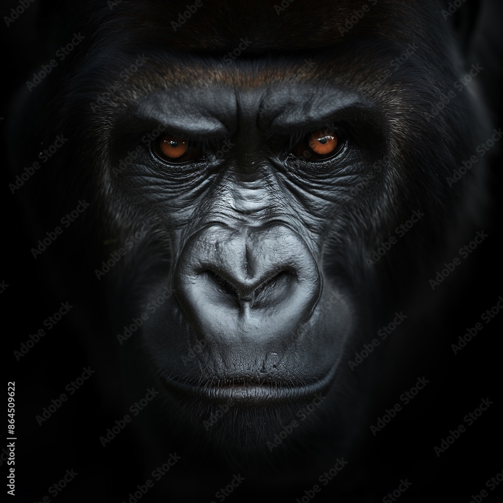 Fototapeta premium Close-up of a gorilla's face with an intense gaze against a black background.