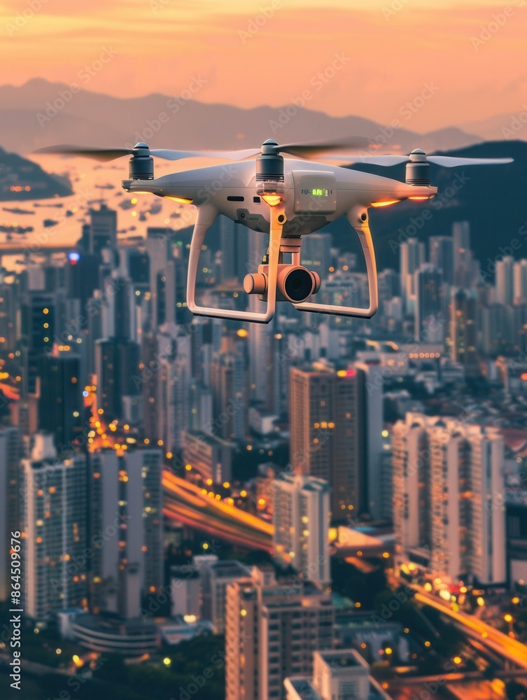 A drone with a camera flies over a city at sunset, capturing stunning aerial footage of the cityscape. Generative AI A drone with a camera flies over a city at sunset, capturing stunning aerial footage of the cityscape. Generative AI