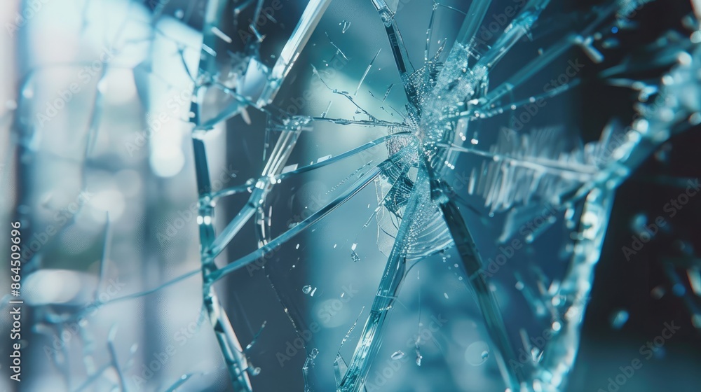 Close up of office window with shattered glass, vandalism or accident concept, damaged pane view Close up of office window with shattered glass, vandalism or accident concept, damaged pane view