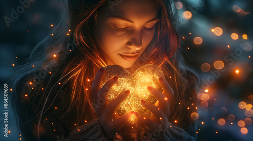 Witch creating a heart-shaped symbol with glowing herbs and crystals, radiant energy, right third copy space photo