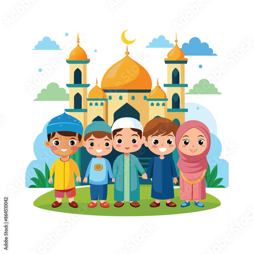 Happy cartoon Muslim kids vector in front of mosque