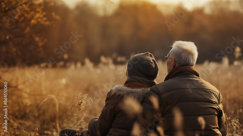 An elderly couple in jackets sitting closely in a golden field during autumn.