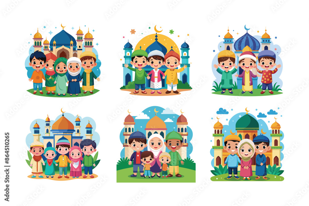 Happy cartoon Muslim kids vector in front of mosque Happy cartoon Muslim kids vector in front of mosque