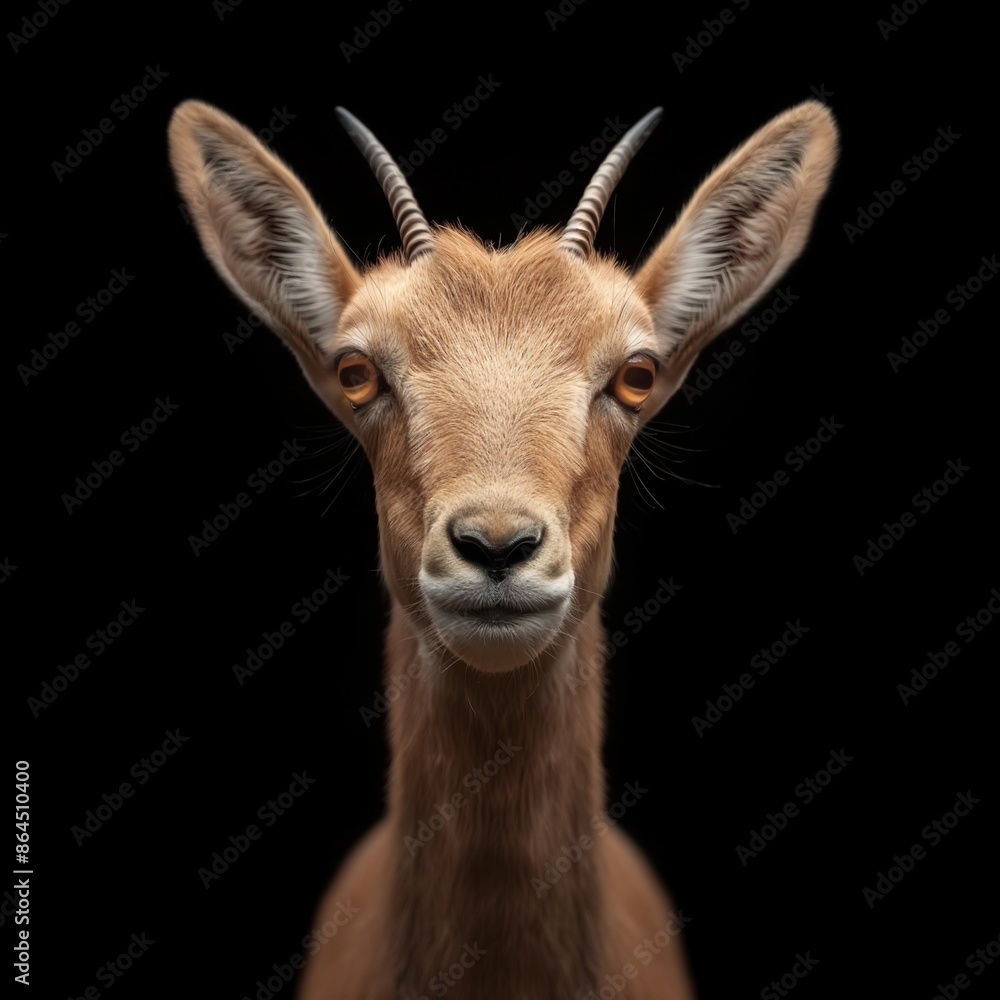 Fototapeta premium Close-up of an ibex's face with an intense gaze against a black background.