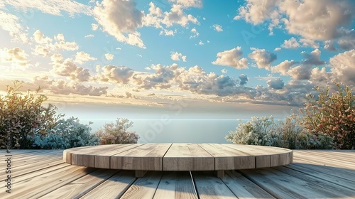 Wooden Platform Overlooking the Ocean with a Cloudy Sunset