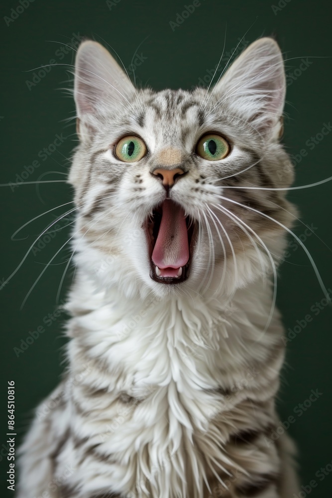 Fototapeta premium Close up of highly realistic white striped cat with hilarious expression on green vertical background