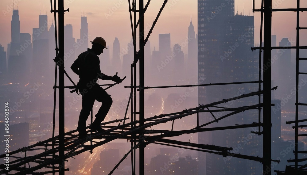 silhouette of A laborer working on scaffolding at the top of a steel skyscraper, sunset and cityscape
silhouette of A laborer working on scaffolding at the top of a steel skyscraper, sunset and cityscape