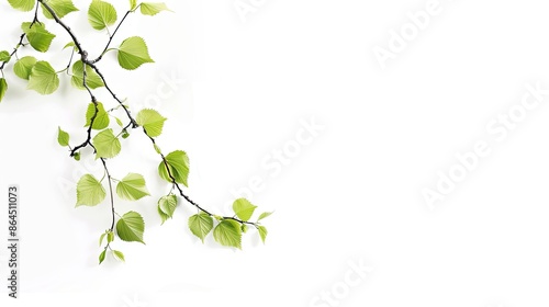 A close-up photograph of a branch with fresh green leaves against a white background