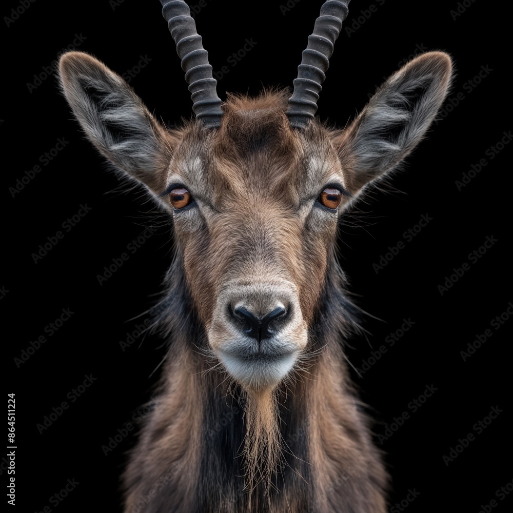 Close-up of a markhor's face with an intense gaze against a black background. Close-up of a markhor's face with an intense gaze against a black background.