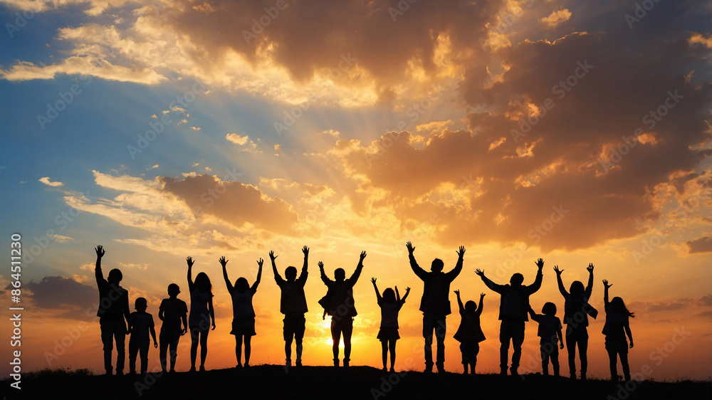 Silhouette of a happy active man raised hand against sunrise. Early riser, morning exercise, wellness life, freedom concept friendship gathering between men and women under the sunset. Generative AI Silhouette of a happy active man raised hand against sunrise. Early riser, morning exercise, wellness life, freedom concept friendship gathering between men and women under the sunset. Generative AI
