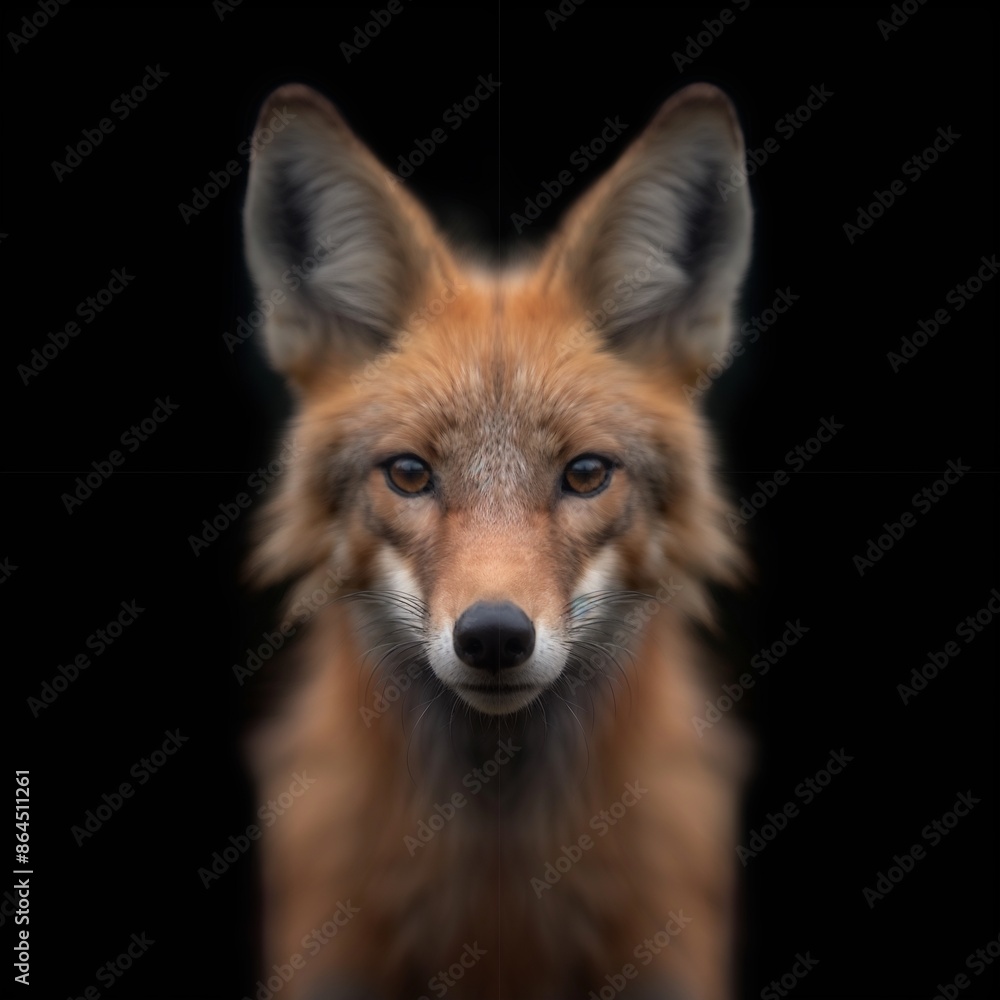 Fototapeta premium Frontal face portrait of a Maned Wolf with a symmetrical view and a dark background, highlighting its alert expression