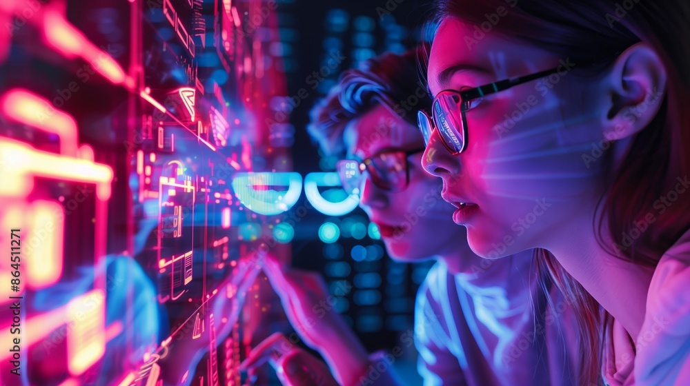 Participants, in a high-tech setting, solve intricate puzzles using light and sound, illuminated by neon lights. Participants, in a high-tech setting, solve intricate puzzles using light and sound, illuminated by neon lights.