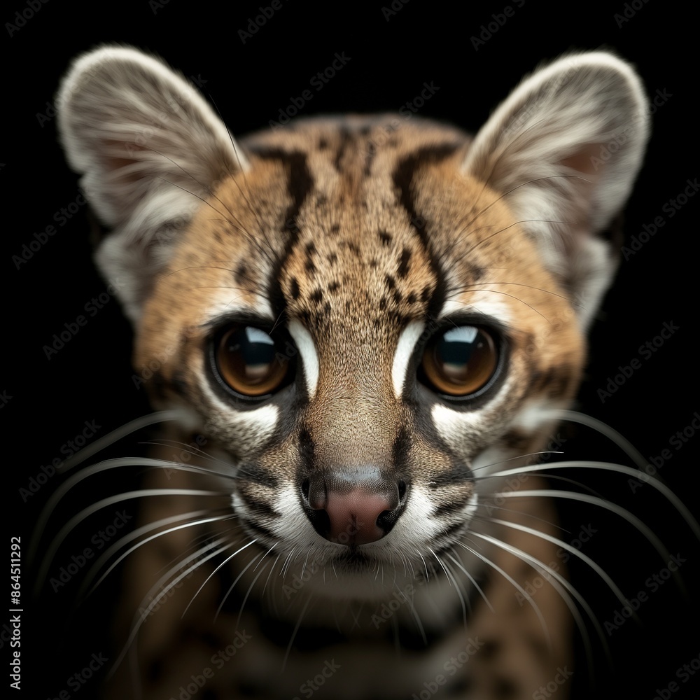 Close-up of a margay's face with an intense gaze against a black background. Close-up of a margay's face with an intense gaze against a black background.