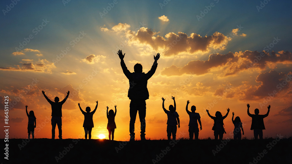 Silhouette of a happy active man raised hand against sunrise. Early riser, morning exercise, wellness life, freedom concept friendship gathering between men and women under the sunset. Generative AI Silhouette of a happy active man raised hand against sunrise. Early riser, morning exercise, wellness life, freedom concept friendship gathering between men and women under the sunset. Generative AI