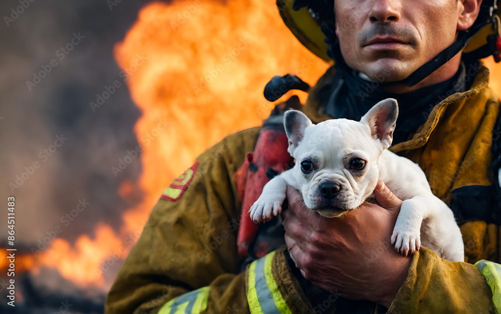 Fireman holds saved dog in his arms. Fire fighting operation. Stock ...