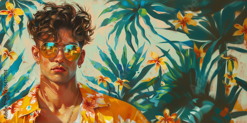 blond guy with pierced ears on tropical background; summery man in sunglasses and hawaiian shirt; palm trees and orchids; summer vibe art/painting photo