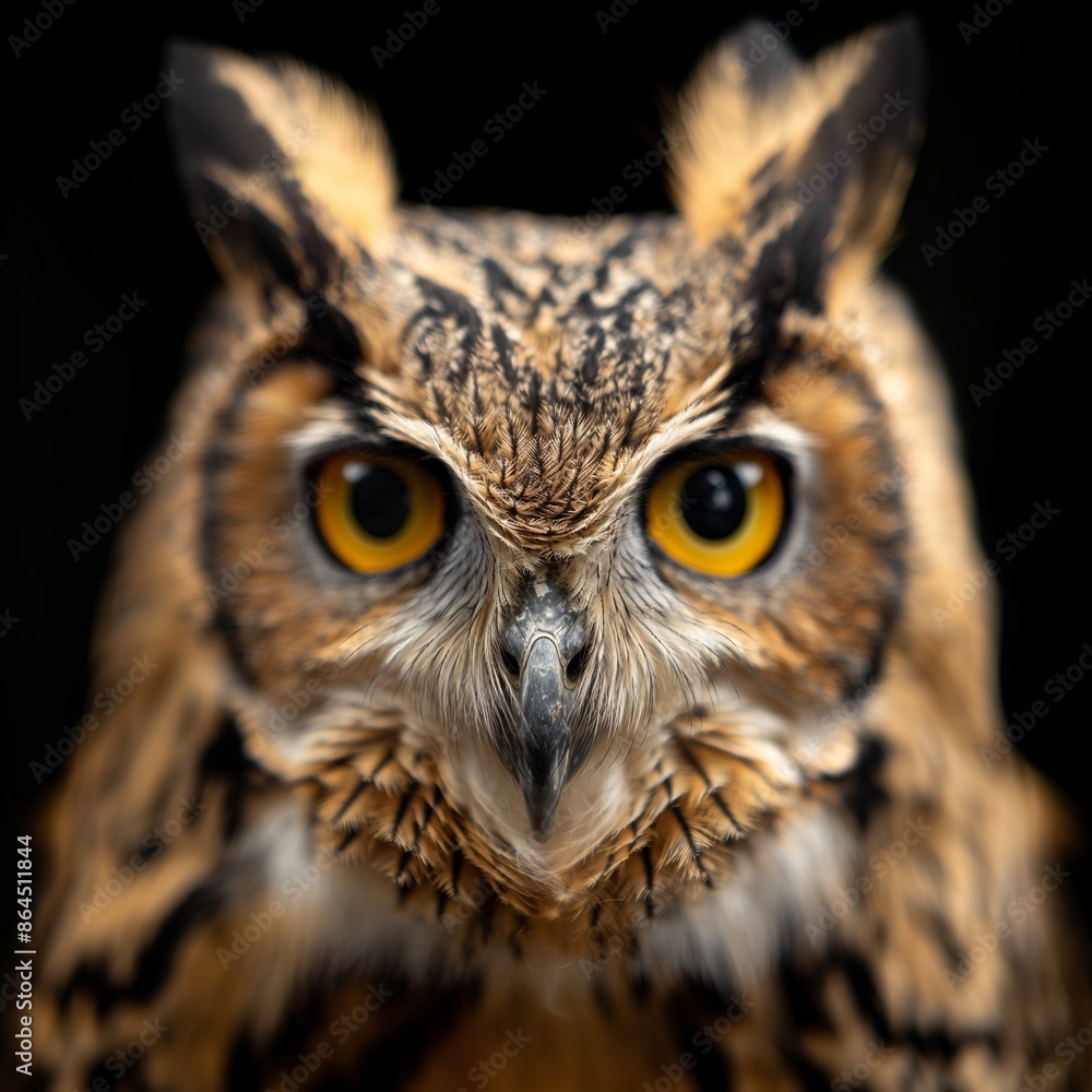 Fototapeta premium Close-up portrait of an Owl against a black background, showcasing its intense gaze and detailed facial features.