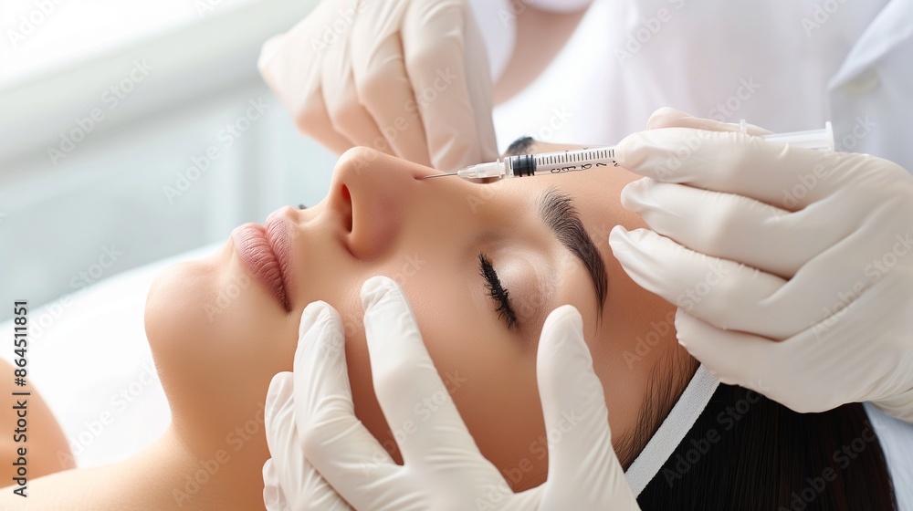 Botox injections, neurotoxin botulinum into the skin, Young women undergoing facial injections Botox injections, neurotoxin botulinum into the skin, Young women undergoing facial injections