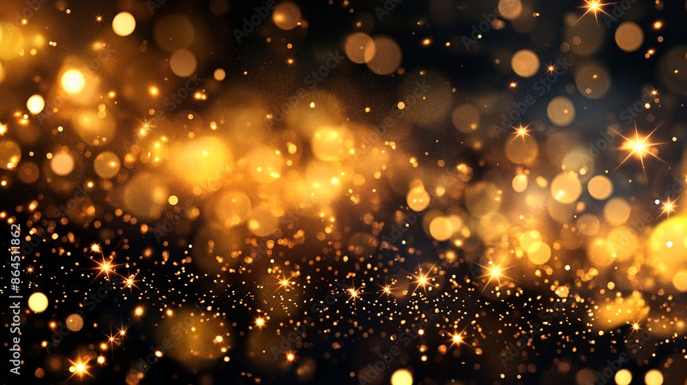 Obraz premium shiny golden lights. Golden glittering stars swirl on black bokeh background with sparkling golden shiny sprinkles