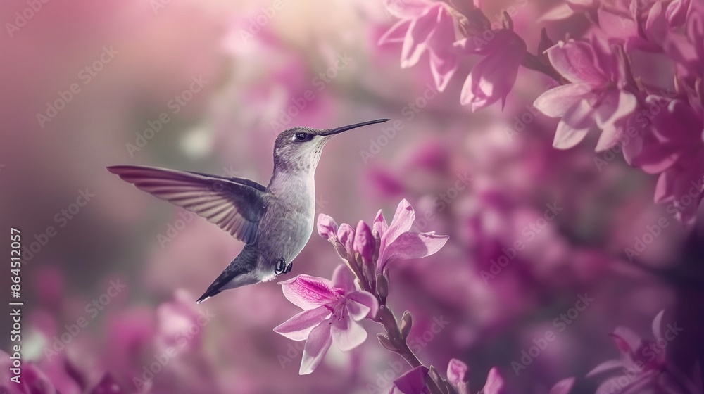Fototapeta premium Glossy bird in flight. Hummingbird flying next to beautiful pink flower, nature floral background