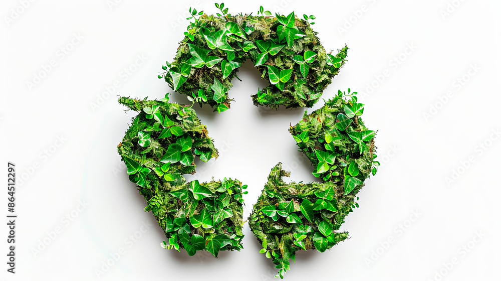 Green recycling symbol made of leaves on a white background. Concept: environmental sustainability and recycling. Ideal for eco-friendly campaigns, environmental awareness, and sustainability business Green recycling symbol made of leaves on a white background. Concept: environmental sustainability and recycling. Ideal for eco-friendly campaigns, environmental awareness, and sustainability business