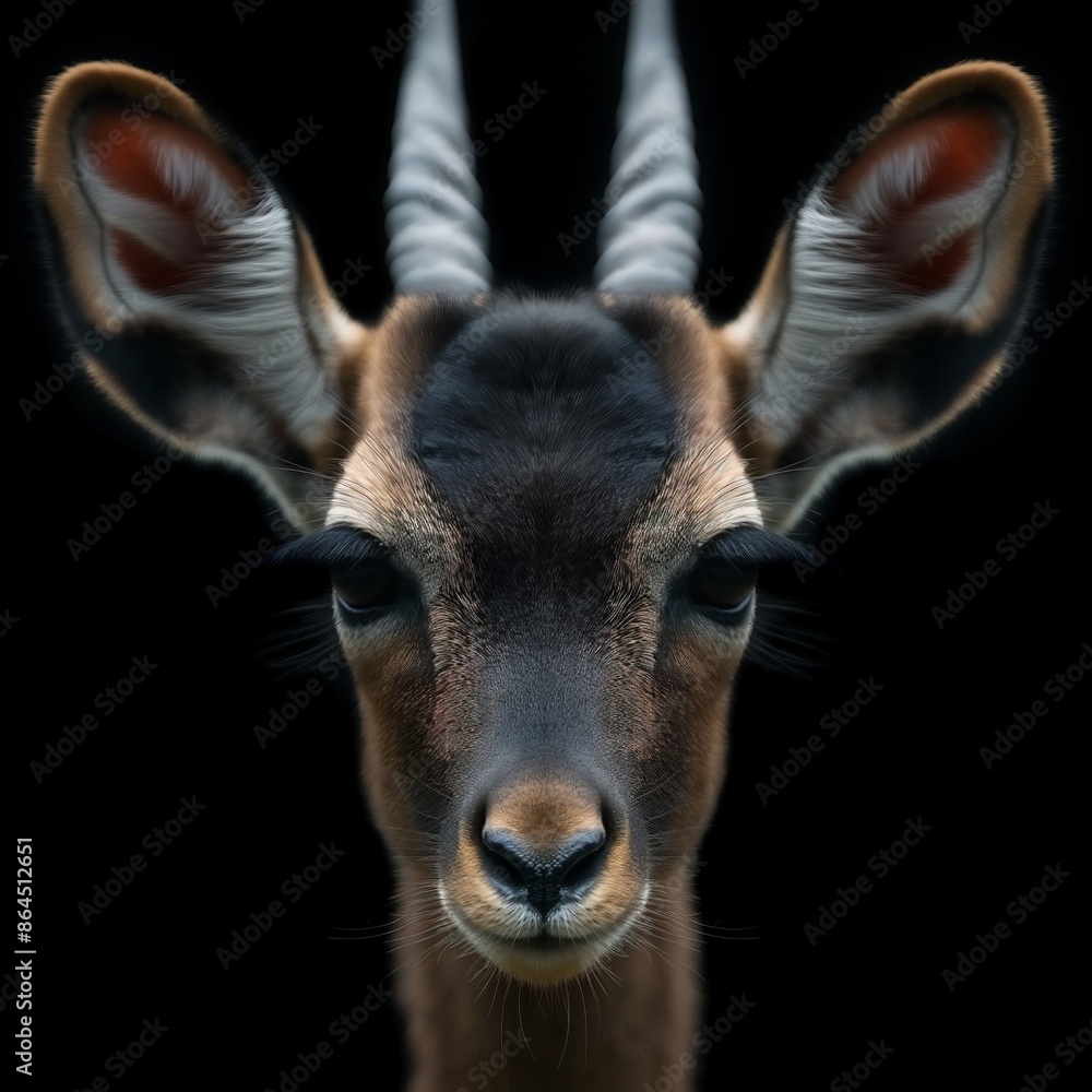 Fototapeta premium Close-up of a Saola's face, highlighting its unique features and striking horns.