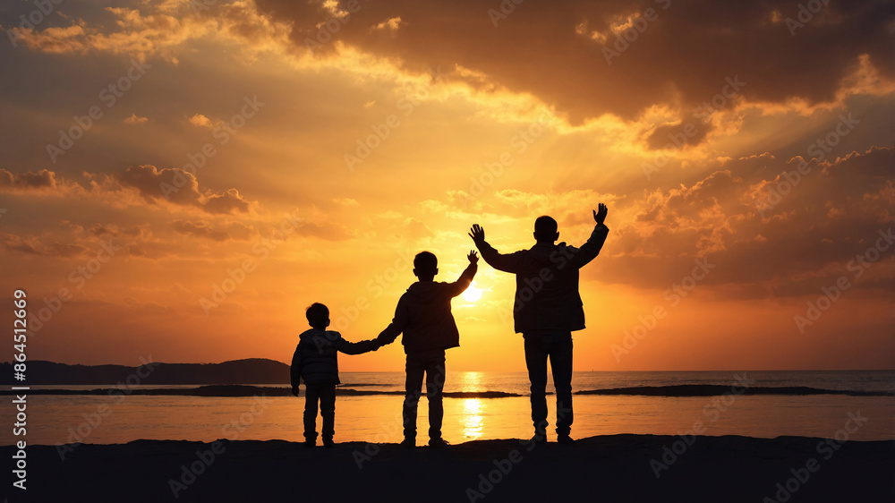 Fototapeta premium Silhouette of a happy active man raised hand against sunrise. Early riser, morning exercise, wellness life, freedom concept friendship gathering between men and women under the sunset. Generative AI