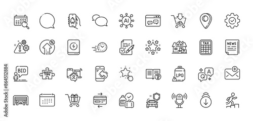 Messenger, Speech bubble and Execute line icons pack. AI, Question and Answer, Map pin icons. Home moving, Credit card, Shopping web icon. Auction, Loan percent, Quick tips pictogram. Vector