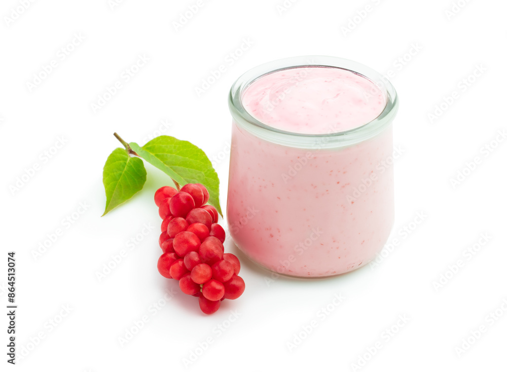 Homemade yogurt with Schisandra berry in glass jar isolated on white Homemade yogurt with Schisandra berry in glass jar isolated on white