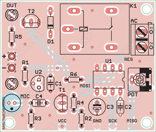 Vector printed circuit board of electronic 
device with components of radio elements, 
conductors and contact pads placed on pcb. 
Engineering technical drawing.