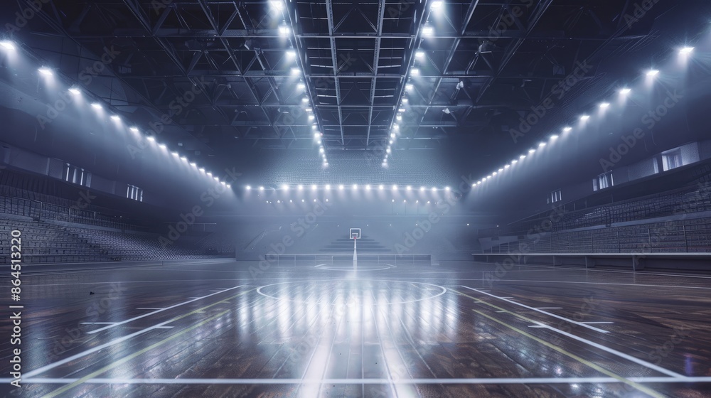 Title majestic empty basketball court illuminated by brilliant white lights in a vast arena Title majestic empty basketball court illuminated by brilliant white lights in a vast arena