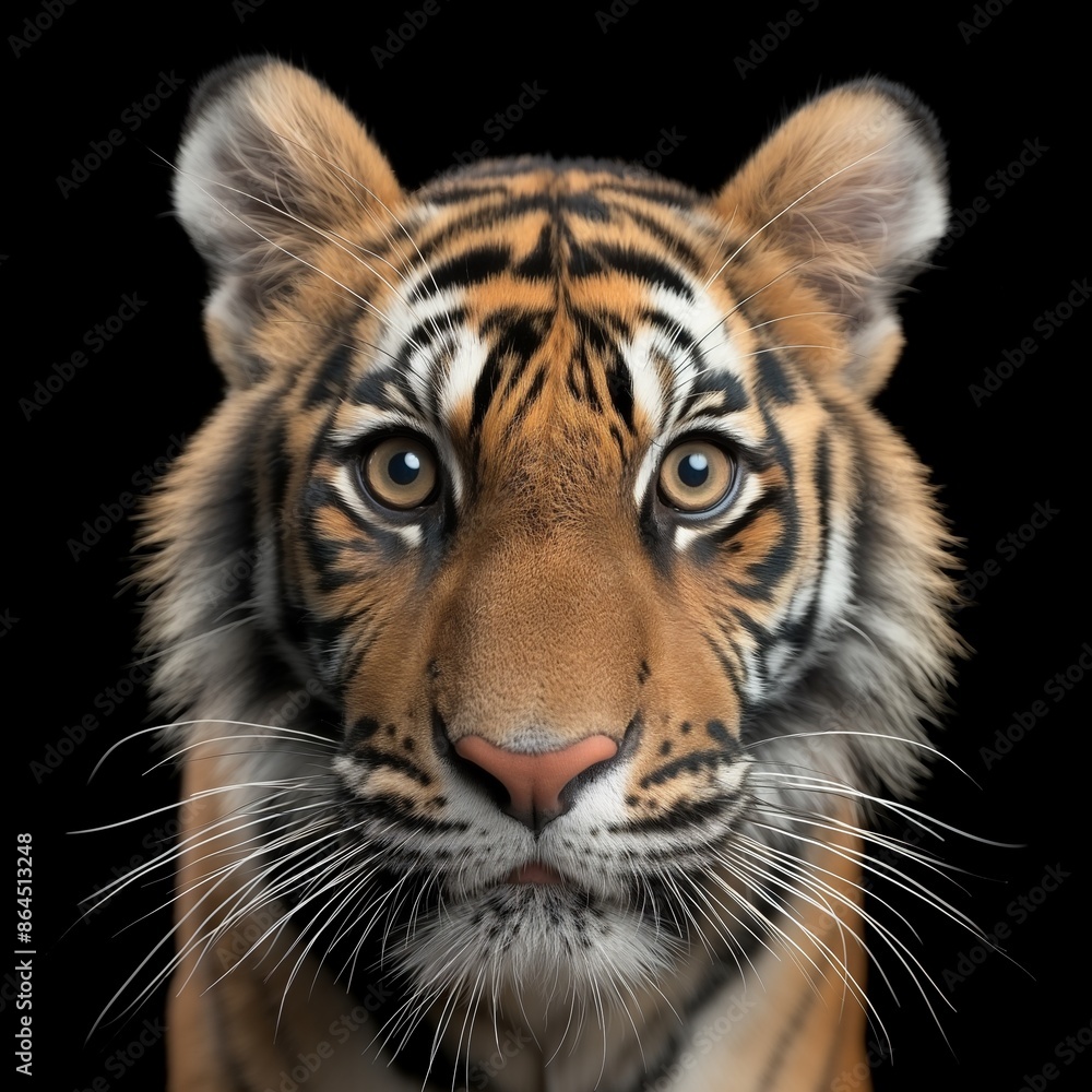 Fototapeta premium Close-up portrait of a fierce tiger with piercing eyes and prominent whiskers on a black background.