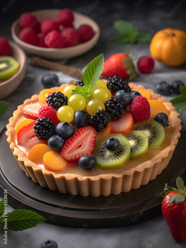 Vibrant Mixed Fruit Tart with Kiwi, Berries, and Peach Glaze. Vibrant Mixed Fruit Tart with Kiwi, Berries, and Peach Glaze.