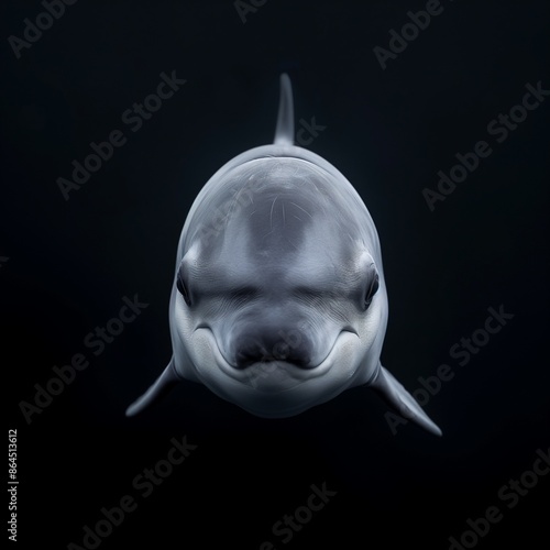 Frontal face portrait of an elegant vaquita against a black background. photo